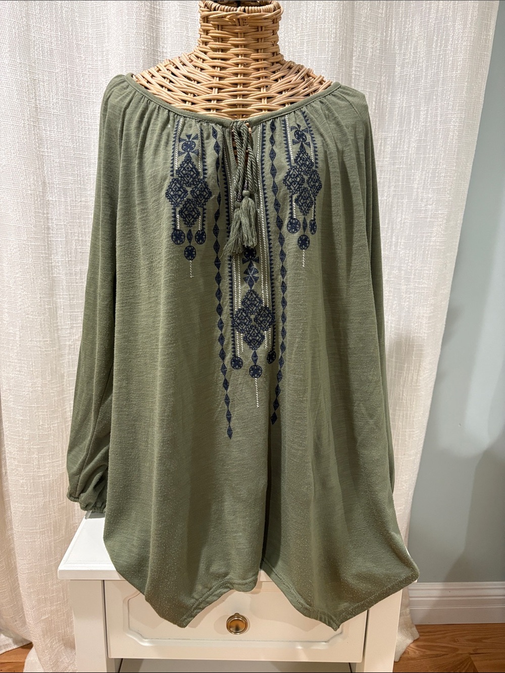 Faded Glory Olive Green Peasant Tunic with Navy Embroidery
